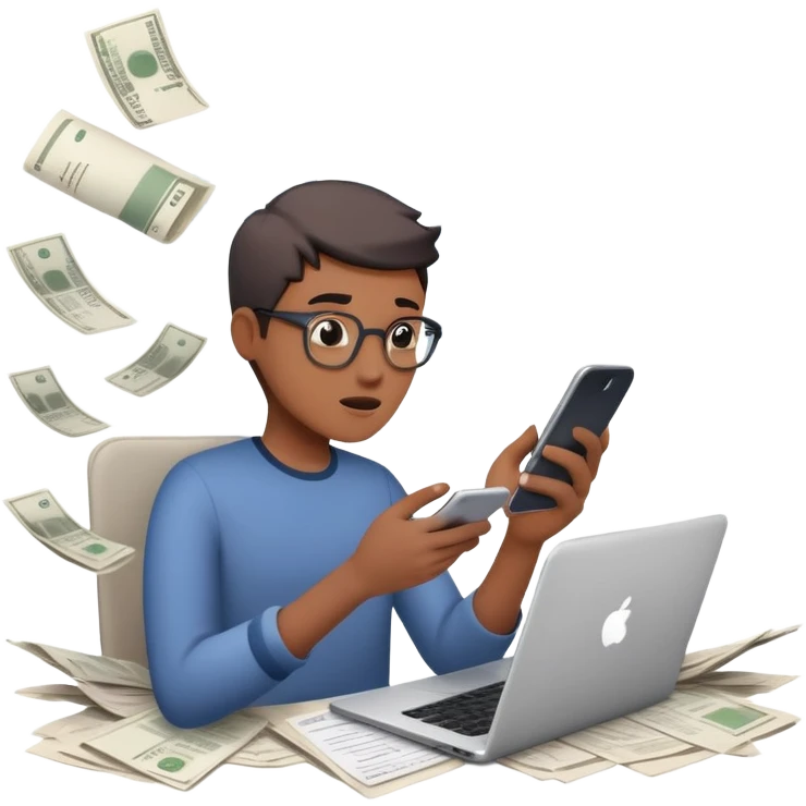 person holding a phone in one hand, laptop open in front, storm of receipts, invoices, and reminders swirling around, multitasking chaos emoji
