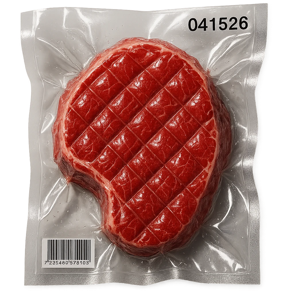 diamond-textured meat steak, shiny and inflated, vacuum-sealed style emoji