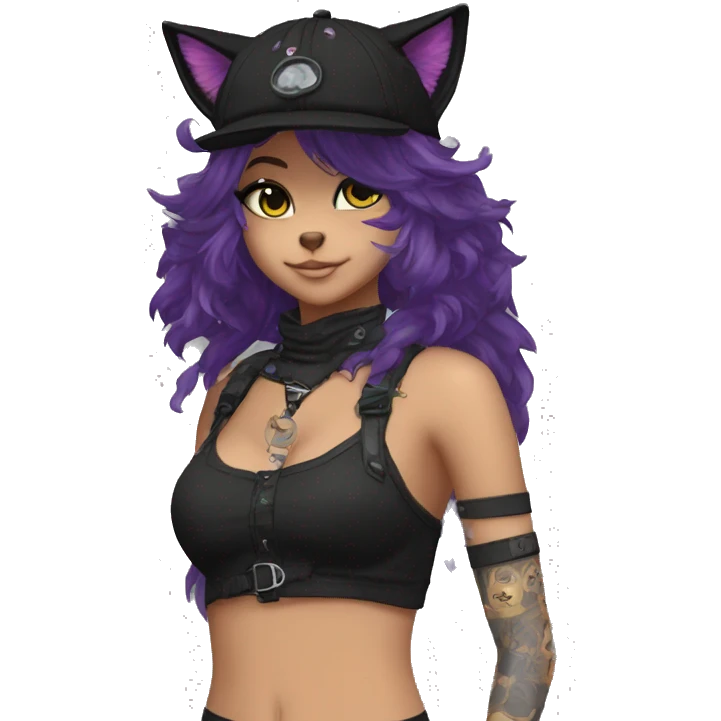 Edgy Beautiful Cool Anthro dark cat-fursona punk techwear fiddler hat emoji