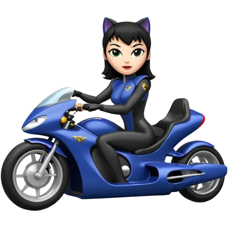 full size real-appearance electric road racing sexy CatWoman’s feminine midnight-colored tight outfit sixty’s tv show dark stealthy accurate sporty safe plush deluxe off-road pursuit cruiser car jaguar accents (black hair,reclined and relaxed torso and shoulders seating position) go kart  emoji