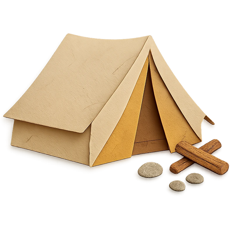 beige camping tent, paper craft style, delicate paper layers, naturalistic pose, realistic fabric texture, logs and stones nearby emoji