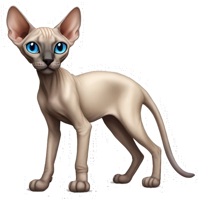 Siamese Sphynx Peterbald  cat with blue eyes, full thin body stand, black nose ears and tail emoji