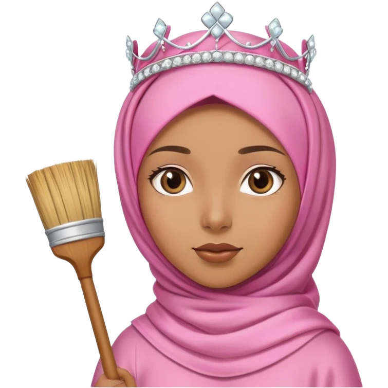 girl caramel skin wearing pink hijab a cream satin set and a tiara on top of her head she is standing holding a broom emoji