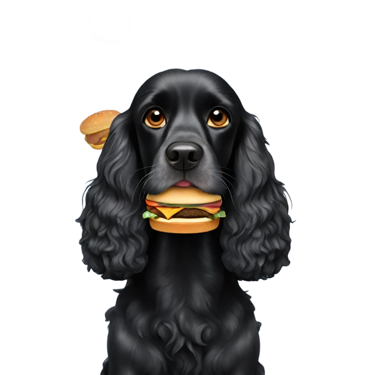 Black cocker spaniel eating a cheeseburger emoji