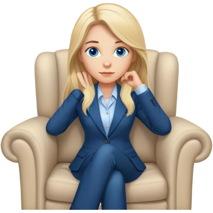 “A young female psychologist with long blonde hair and blue eyes, sitting in a cozy armchair. She is wearing a professional blazer and has a calm, attentive expression. A warm floor lamp stands beside her, casting a soft light, creating a comfortable and inviting atmosphere. emoji