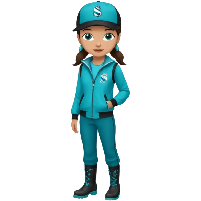 A landscaper in a beautiful turquoise jacket with long sleeves and turquoise boots, black pants, and a black sleeveless shirt. On his head is a black Swissotel baseball cap. The girl is a brunette with blue eyes. emoji