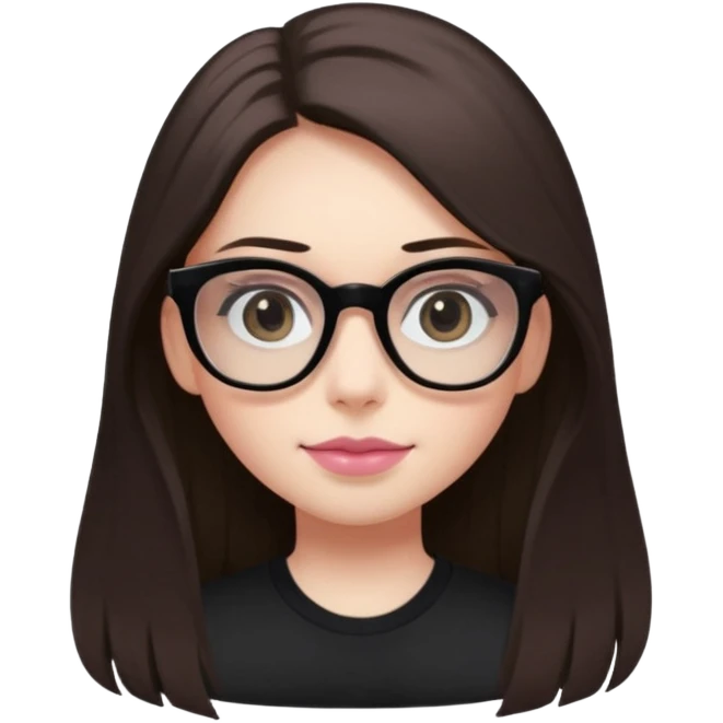 The girl with dark straight long hair, with divided in the middle hairstyle, white skin, black eyes, wearing black shirt and tortoise framed glasses. The mounth is light old pink, with light smile with no teeth. emoji