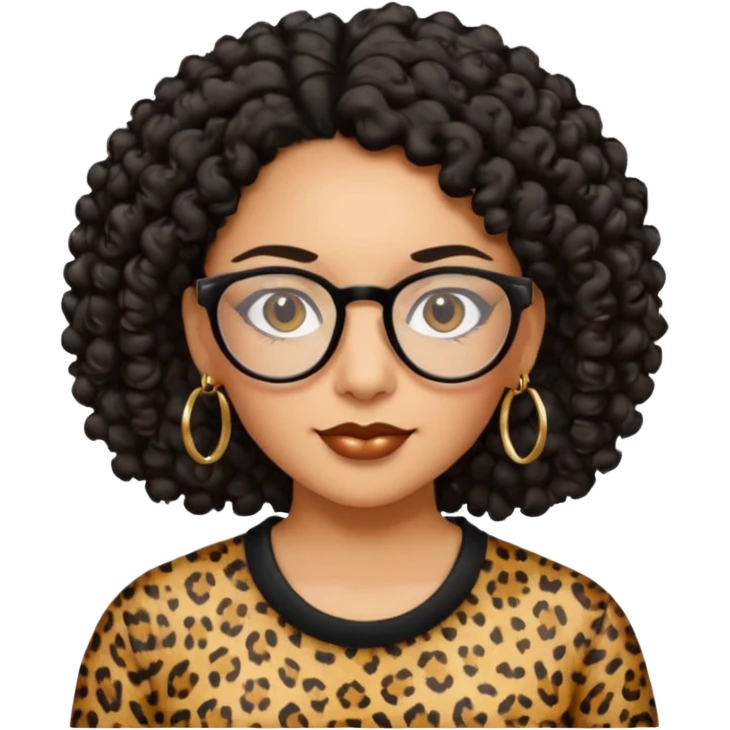 A women who wears glasses with a black curly hair, in a leopard print shirt, hoop earrings   emoji