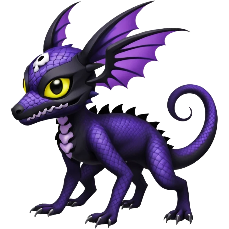 Gothic spooky Scaley Exotic Salandit-Umbreon-Noibat-Fakémon-hybrid-creature (full body), 4 legs, white skull face mask emoji