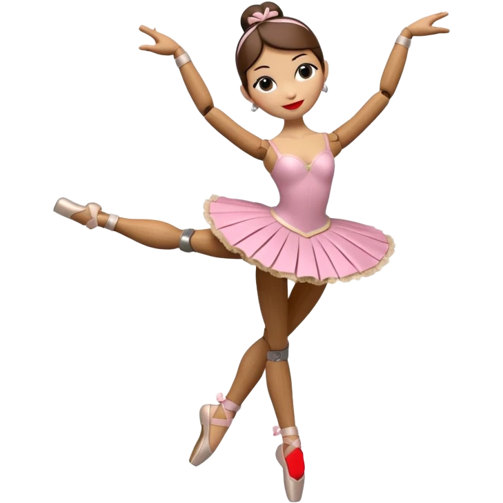 3D render of Ballerina Puppet as a wooden marionette puppet, Wood joints at knees, dancing pose, silver metal screw joints at elbows and knees, polished brown wood texture, rigid toy pose, Apple emoji style, isolated on white background --v 6.0. emoji