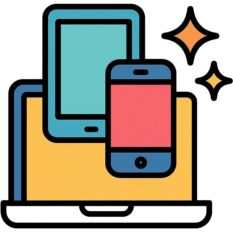 stack of technology devices laptop smartphone tablet with sparkles, representing tech tips, flat modern icon style emoji