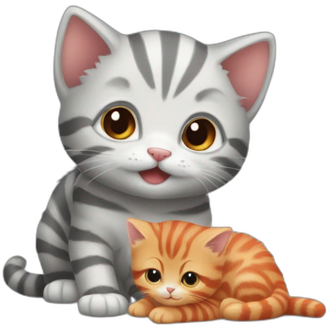 'small striped grey kitten' playing with 'bigger red kitten' emoji