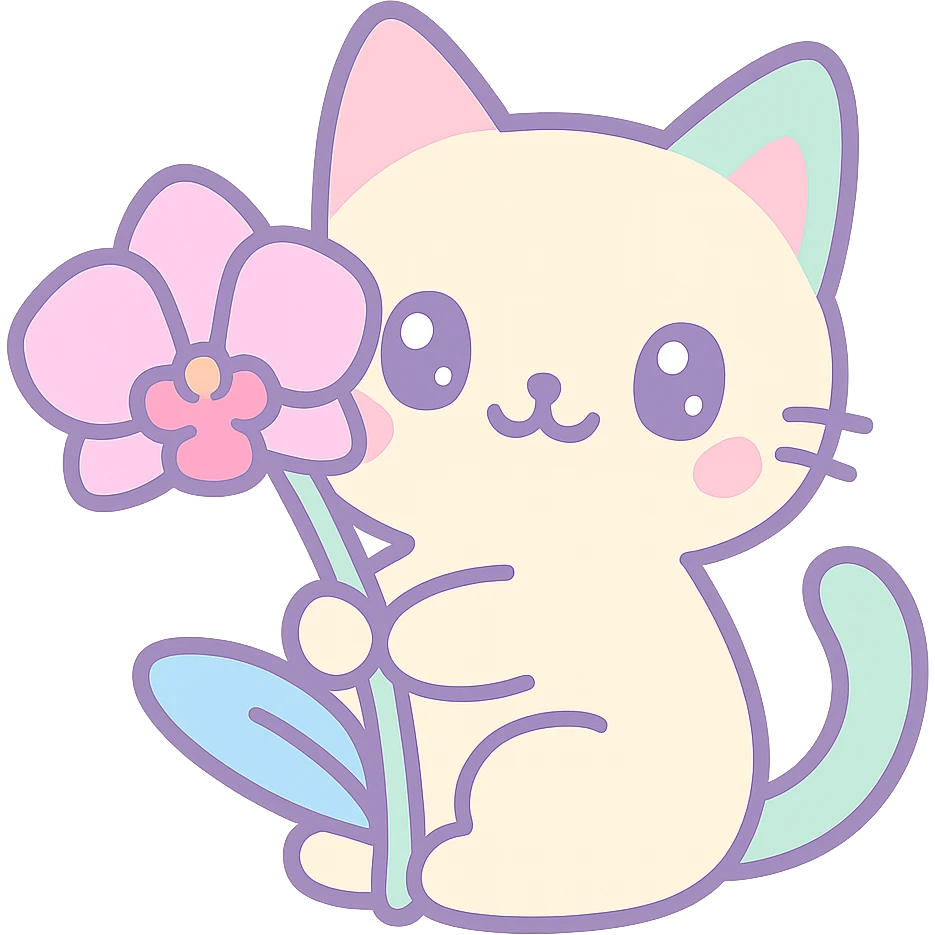 cat holding an orchid, kawaii style emoji