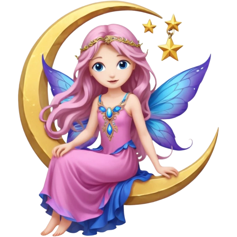 Beautiful realistic, flower, fairy, pink, blue, purple, long hair, big wings with blue eyes sitting on a half moon emoji
