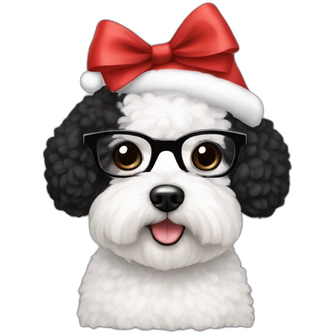 woman-black hair-bow-glasses-bichon dog-sitting-christmas hat emoji