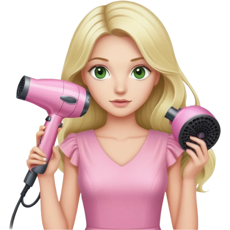 blonde with long hair and swamp green eyes, wearing a pink pastel dress, holding a pink Dyson hair dryer emoji