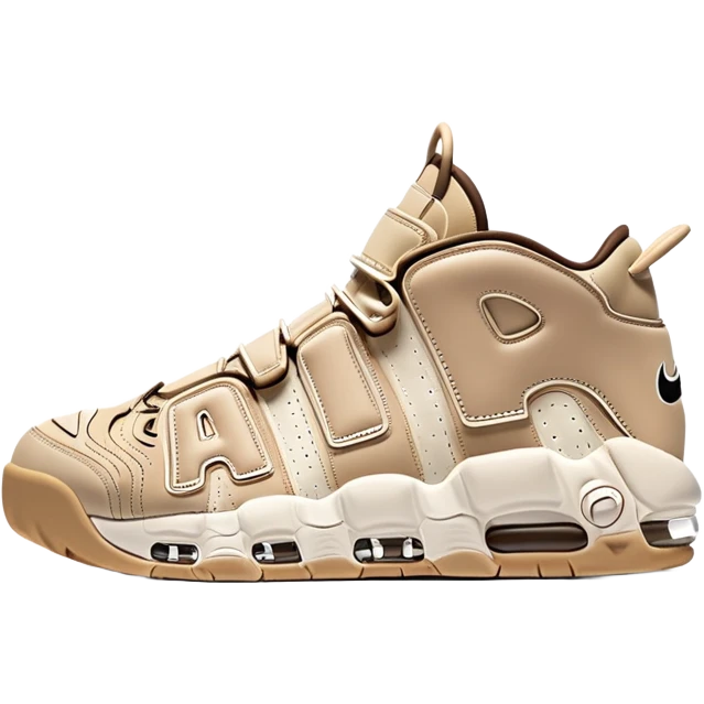Minimalist pair of beige Nike Air More Uptempo sneakers side by side, clean simple design with AIR lettering on sides emoji