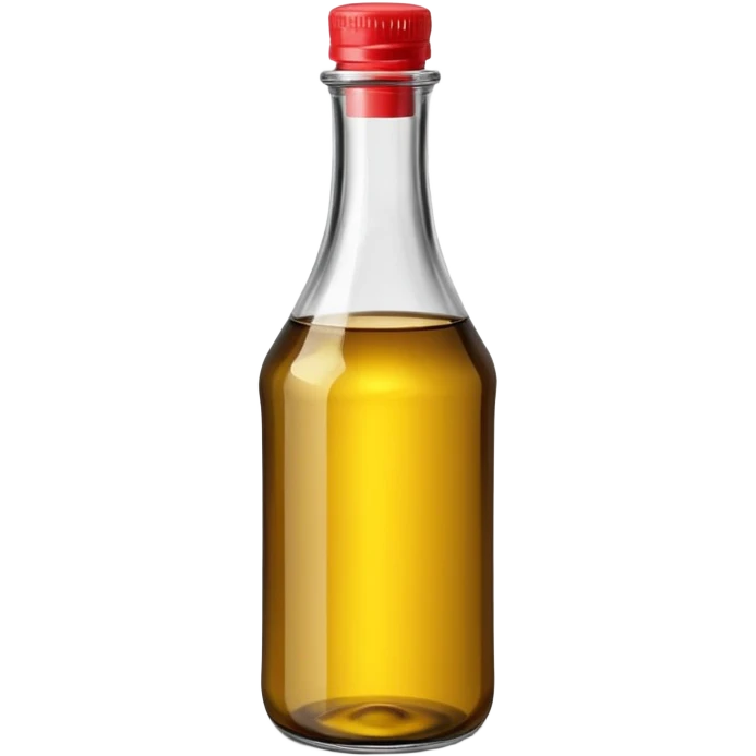 upright vinegar bottle, glass or plastic, clear or lightly tinted liquid, narrow neck, screw cap or cork metallic black or natural, blank label optional, reflective liquid, 3D clean style, transparent background emoji