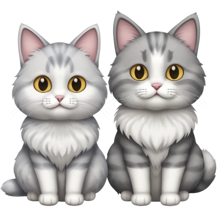 a very fluffy grey and white cat sitting next to another cat emoji