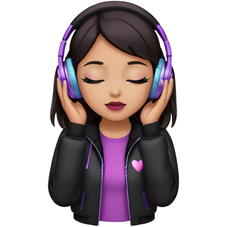 Girl with dark hair, tan skin tone,wearing a black jacket, has glitter on her eyelids, and wearing mauve lipstick, wearing headphones, her hands are on her ears, and her eyes are close emoji