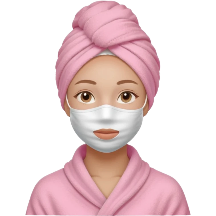 Clean girl influencer character, chest-up portrait, wearing a pink towel wrapped around the head, full face facial skincare mask on face, relaxed confident expression, soft glow skin, minimal chic aesthetic, subtle beauty accessories, calm self-care vibe emoji