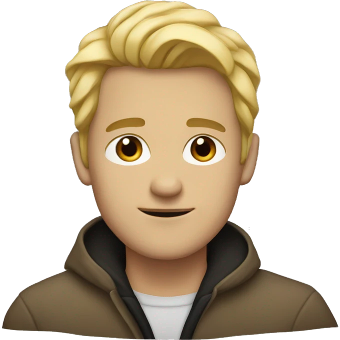 man, blond hair, brown eyes, coat, black. emoji