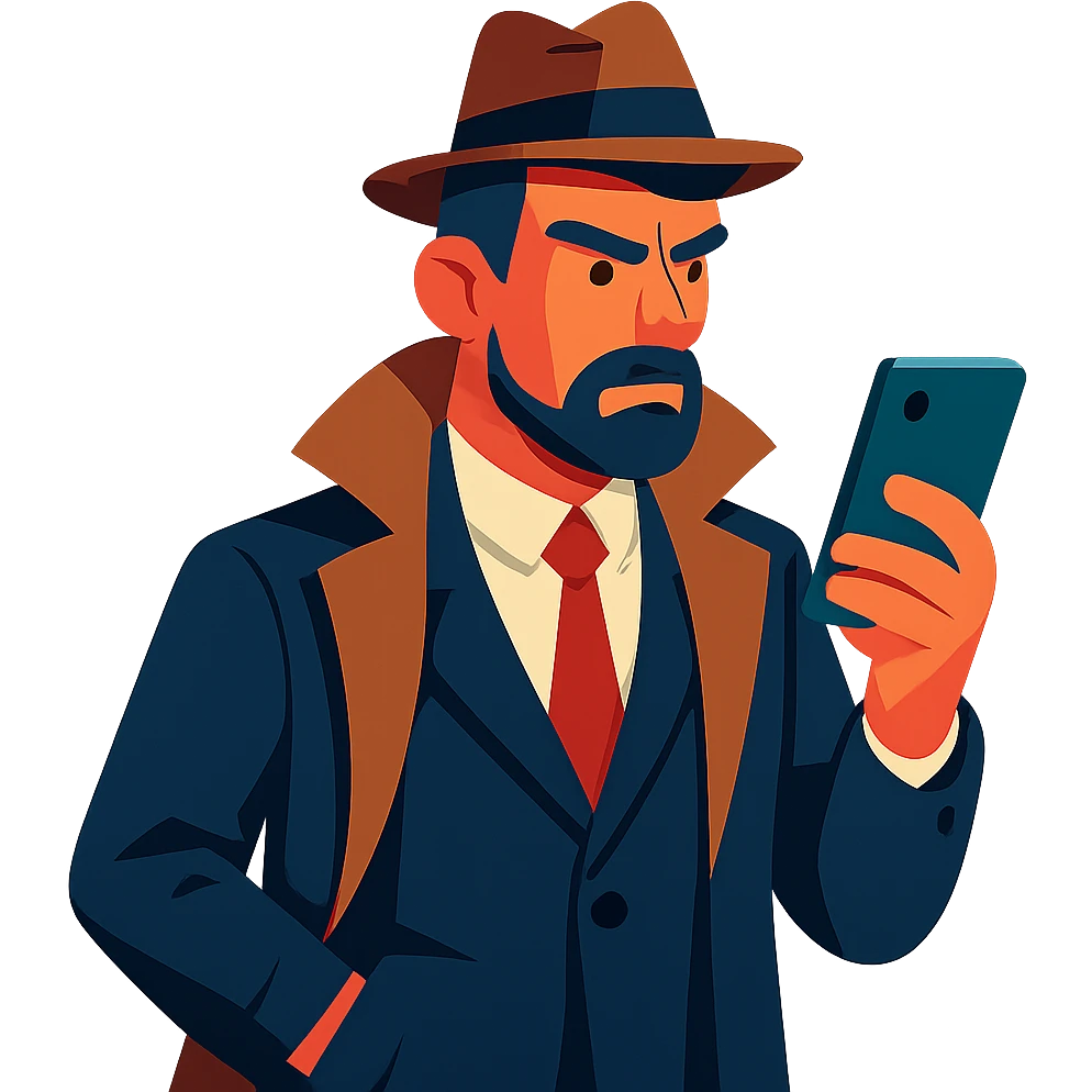detective, modern look, dark suit, smartphone, sleek style emoji