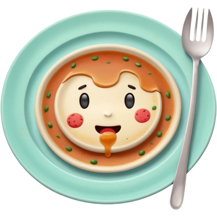 of a dirty plate after eating, leftover food scraps, sauce stains on the plate, small fork and spoon resting on the plate, slightly messy but funny, soft pastel colors, rounded shape, clean background, kawaii style, expressive and playful, high quality, emoji style emoji