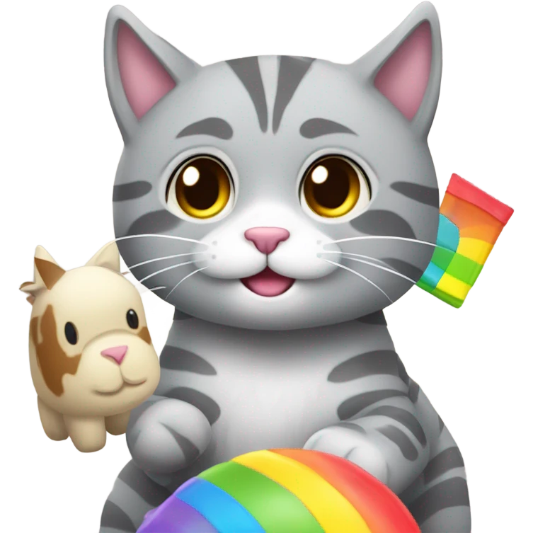 Grey tabby cat with rainbow lama toy emoji
