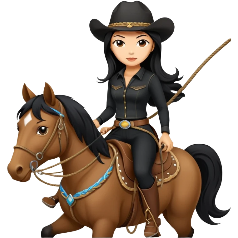 confident Asian woman with long black hair wearing black outfit riding a horse cowgirl style with a lasso emoji