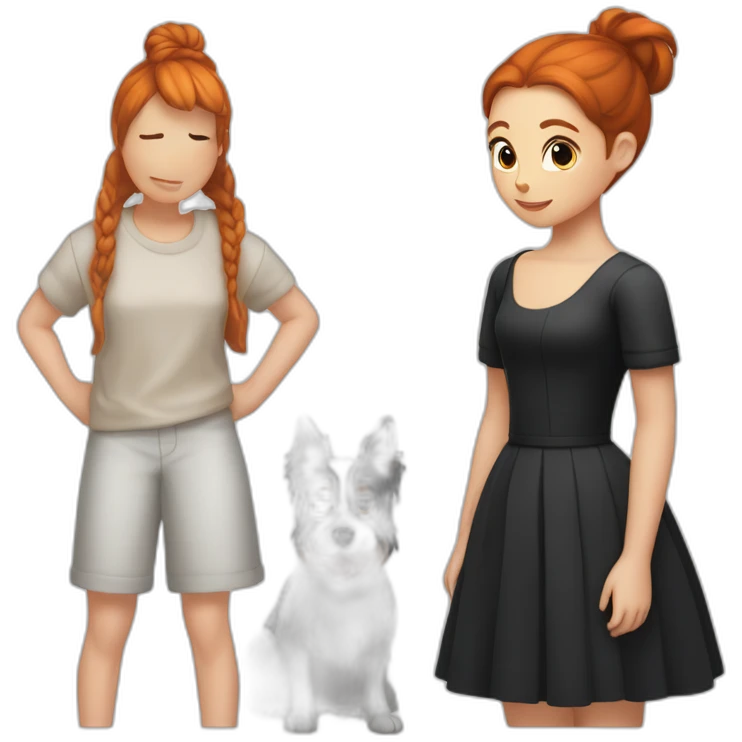 Girl redhead with bun, cockatiel in the shoulder, black dog, cockerspainel emoji