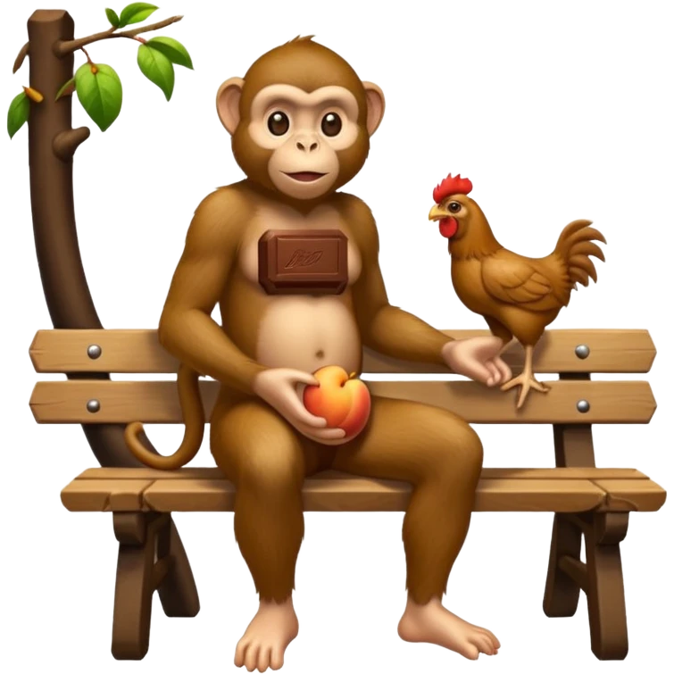 monkey(full body) sitting on a bench and eating peach and chocolate and chicken watches him emoji