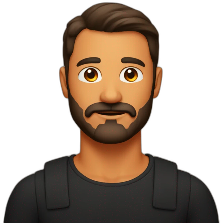 Shoulders to head man emoji with dark brown hair and beard with mustache brown eyes wearing black shirt on bright orange background emoji