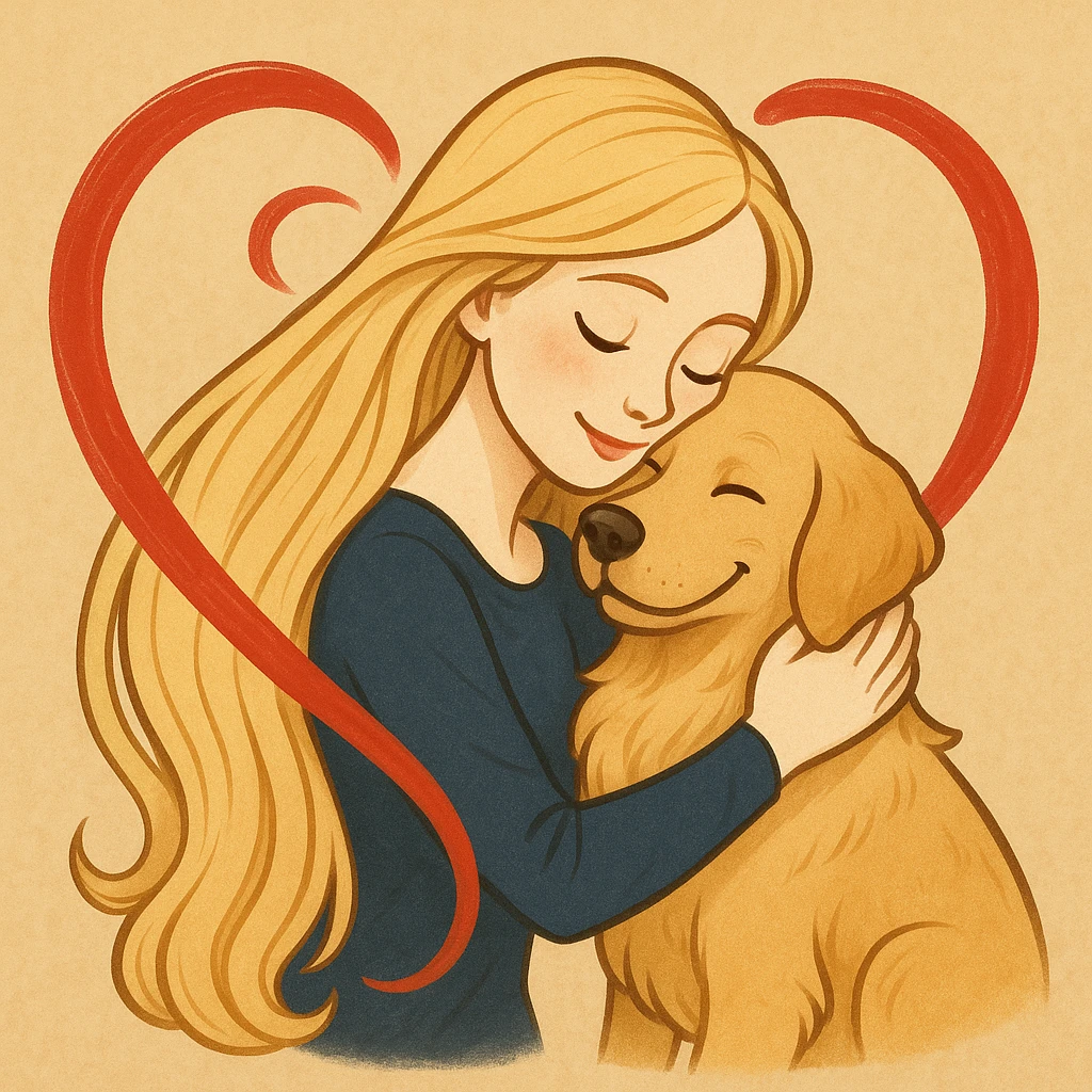 A pretty woman with pale skin and very long blonde hair hugging a dog, with a heart swirling around her. emoji