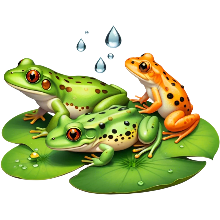 Icon for Amphibians: A colorful collage with various amphibians like a bright green frog sitting on a lily pad, a small salamander with orange spots, and a toad with bumpy skin. Water droplets around them and a pond in the background. Transparent background. emoji