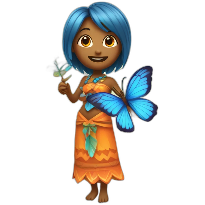 Cartoon Blue and orange girl tiki singing with butterfly and in the mike emoji