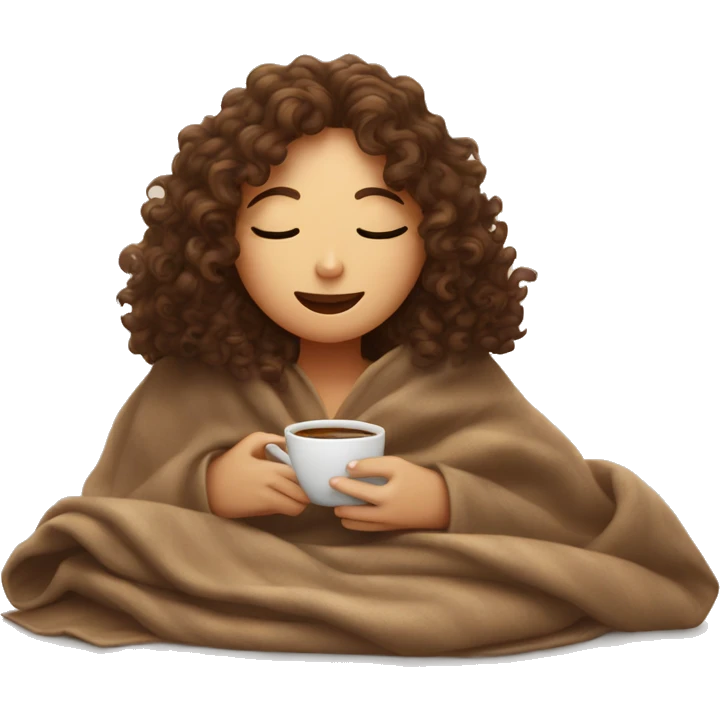brown curly haired girl inside a blanket sipping coffee eyes closed emoji