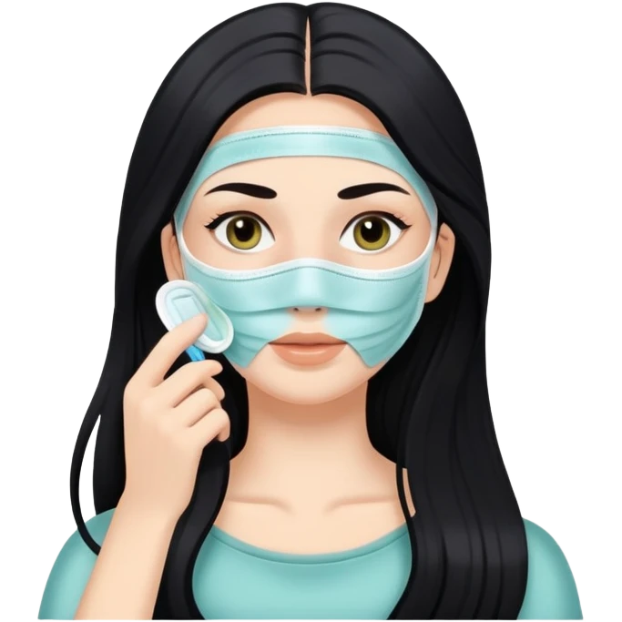 White girl with long black hair applying face mask, self care skincare routine emoji