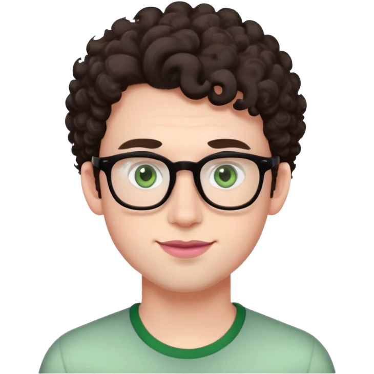 Young man with dark brown curlier poofy hair (same style but more curls), green eyes wearing glasses, wide face with eyes set apart, bigger ears, very pale skin, slightly bigger nose, fuller darker pink lips with a smile, and very light stubble emoji