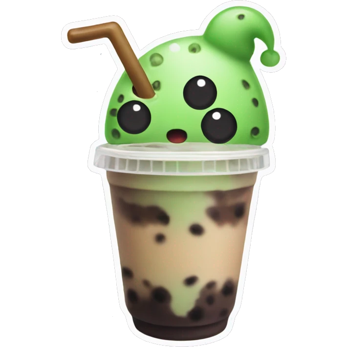 alien wearing a beanie with a bubble tea in its hand emoji