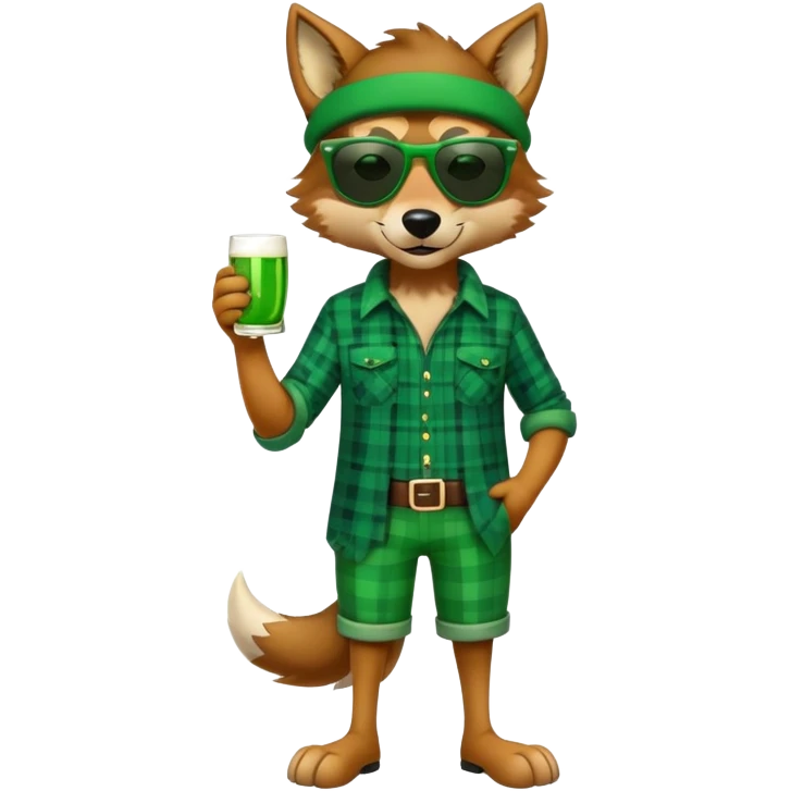 full-body friendly anthropomorphised wolf in green plaid shirt and green attire for St. Patrick's Day, wearing dark sunglasses, festive pose emoji