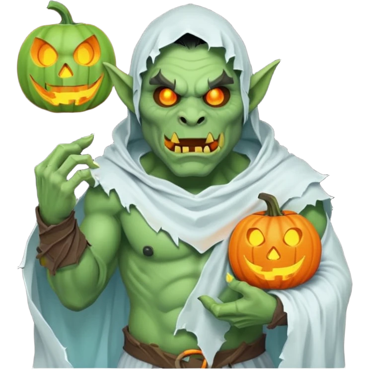 male orc warrior ghost emoji, green skin, tusks, wearing torn white ghost sheet costume, holding glowing jack-o'-lantern, faint blue aura, friendly but spooky expression, Halloween fantasy theme, Apple emoji style, clean white background, square emoji