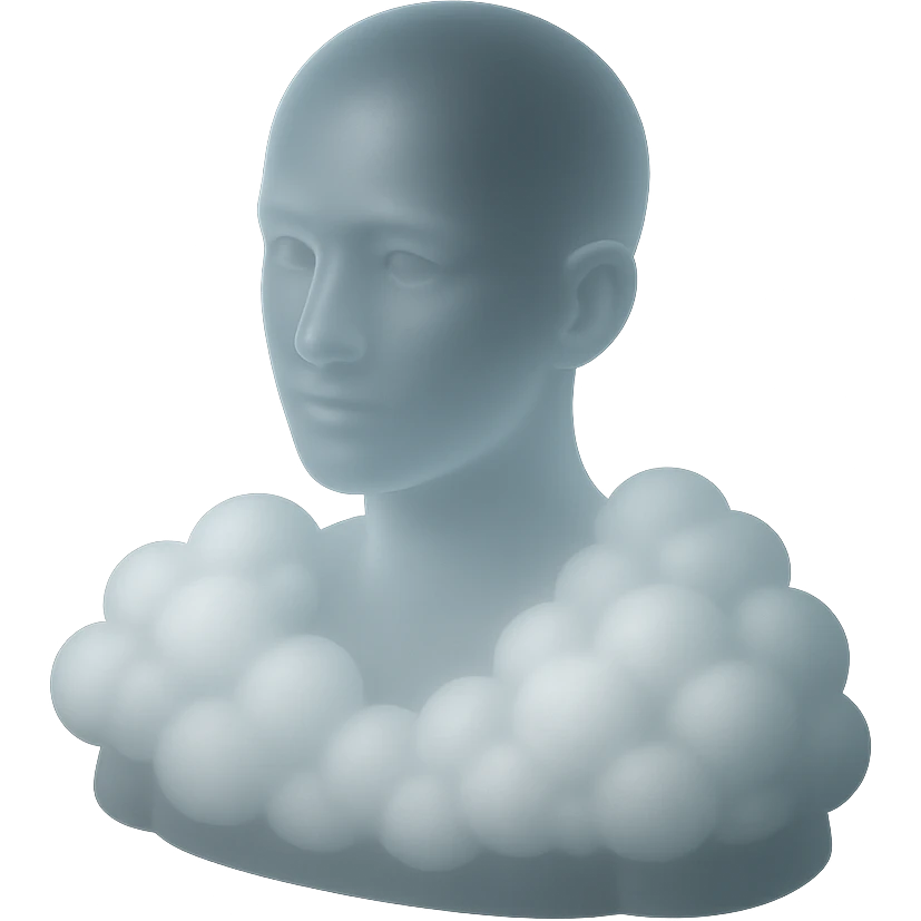 person looking straight ahead, shoulders filled with puffy white fluffy clouds, matte glass style emoji