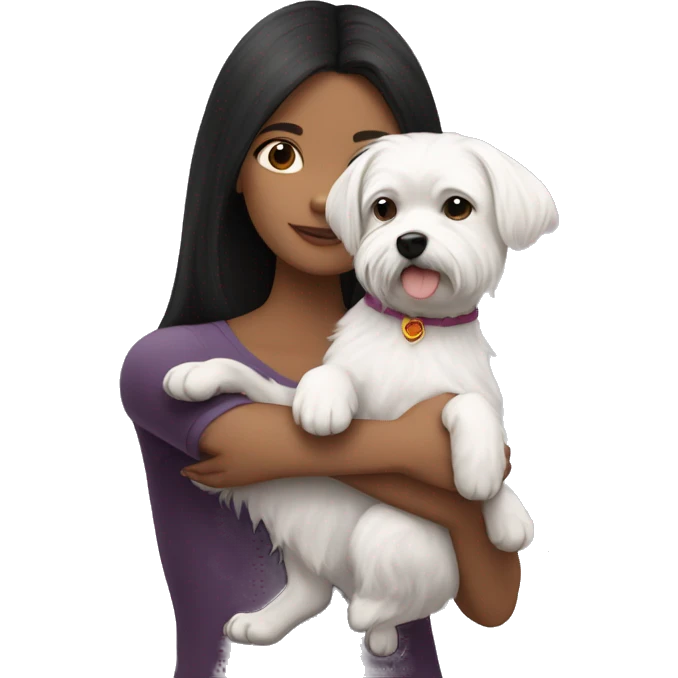 a girl with dark hair hugs a small white dog, a Maltese breed, emoji