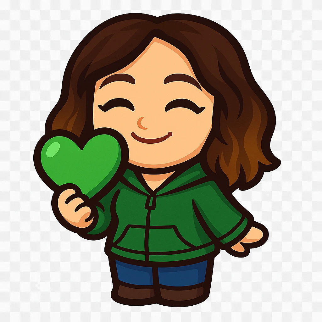 Sticker style chibi emote, matching the attached green heart emote as a base. Woman from reference, green hoodie and blue jeans, holding a green love heart, cute happy face, no headband, no wand, transparent background. Top color should not match jeans. emoji