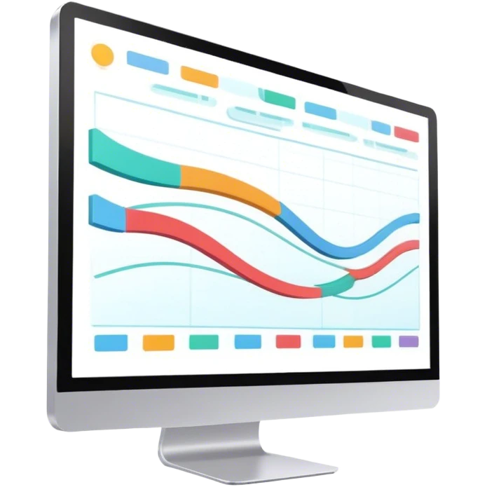 Animation and motion design. A computer screen with an animation timeline, moving frames. Сartoon or animated scene on the screen. Include motion design elements like flowing lines, curves, or rotating objects. Modern, creative colors. No emojis or smiley faces. Transparent background. emoji