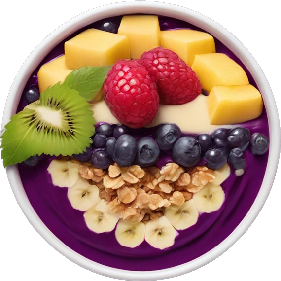 Açaí in a clear cup with layers of fruits and granola and condensed milk emoji