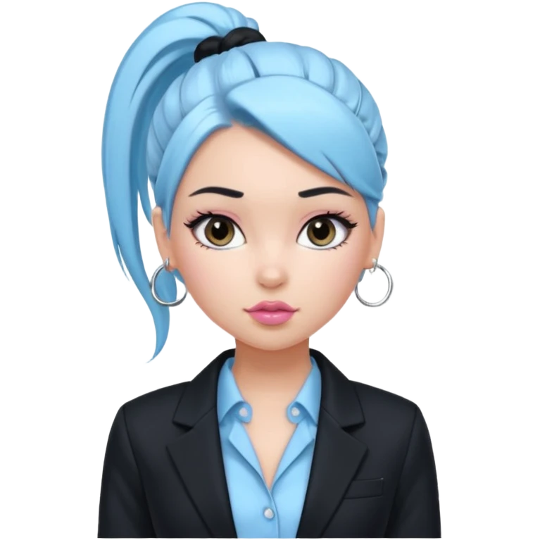 generate a pretty bratz girl wearing a light blue full sleeve shirt and a black blazer over it. silver small hoops, pink lipgloss. black hair tied up in a ponytail emoji