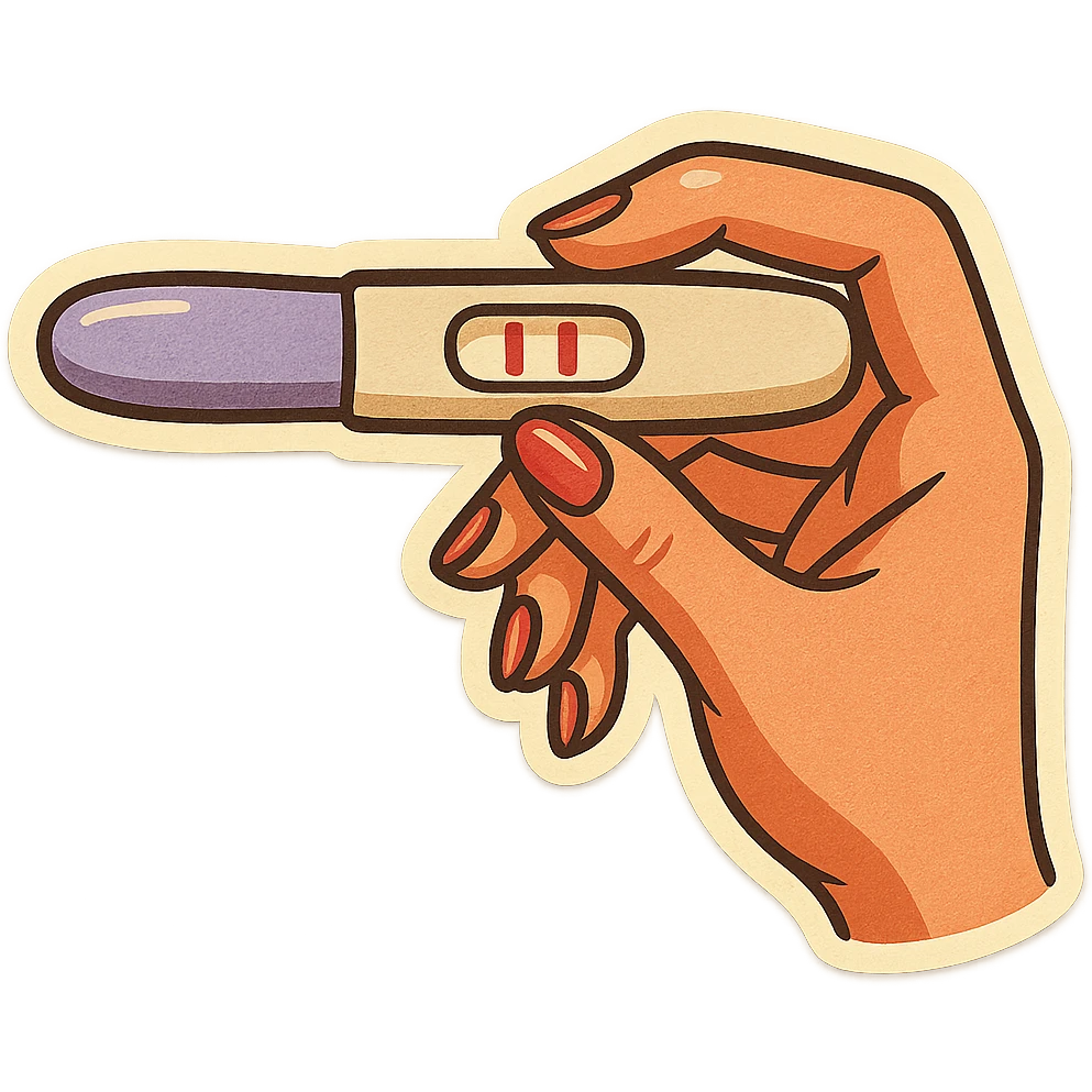 Positive pregnancy test with two lines, held in a neat feminine hand with manicure, pen style as in the second previous variant, retro stickers style, test slightly shorter, soft rounded shapes, expressive contours, vintage color palette, light paper texture, shadows and highlights, transparent background. emoji