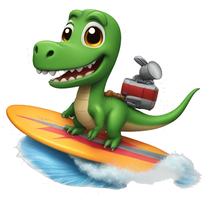 A flying dinosaur on a surf board holding a rocket launcher emoji